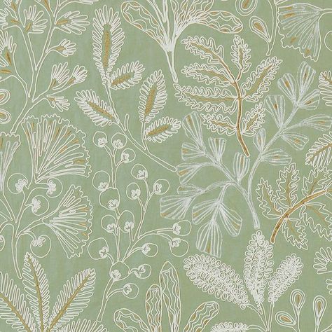 La Deviniere fabric by Nina Campbell, a floral design embroidered in silky cream cord on a sage green ground, great for curtains or cushions. Home accessories also available. #FloralFrenzy #PatternPerfection #BloomAndStyle #FlowerPower Botanical Fabric Textiles, Sage Green Embroidery, Green Printed Fabric Texture, Sage Green Fabric Texture, Green Fabric Texture Patterns, Printed Fabric Texture Seamless, Classic Fabric Texture, Embroidery On Green Fabric, Green Fabric Texture Seamless