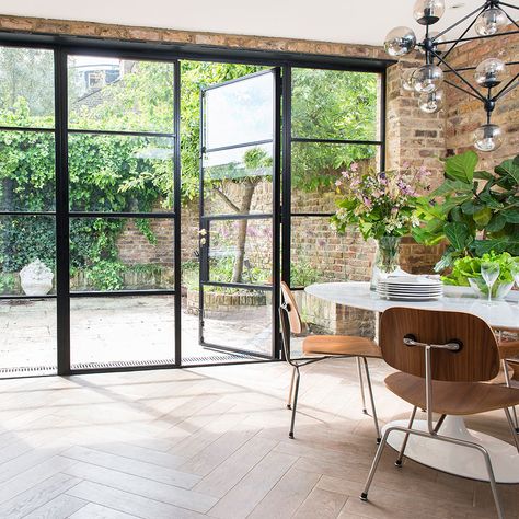 Crittall windows – everything you need to know about black steel frames Crittal Doors, Crittal Windows, Steel Doors And Windows, Metal Windows, French Doors Exterior, House Extension Design, Steel Windows, 아파트 인테리어, Patio Interior