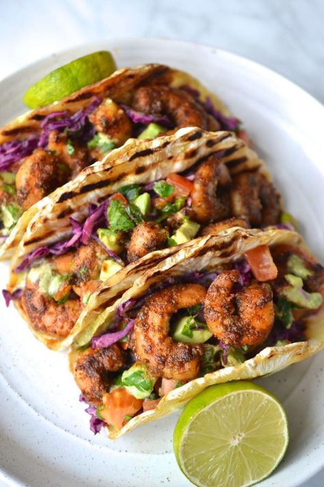 Paleo Shrimp Tacos, Whole30 Shrimp, Healthy And Fitness, Spicy Shrimp Tacos, Flavorful Shrimp, Shrimp Taco Recipes, Mango Avocado Salsa, Cilantro Lime Sauce, Grain Free Diet