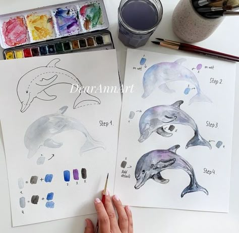 Watercolor Color Combinations, Artist Hue, Watercolor For Beginners, Dolphin Painting, Watercolor Doodles, Paint Animals, Learn Watercolor Painting, Step By Step Watercolor, Animals Watercolor