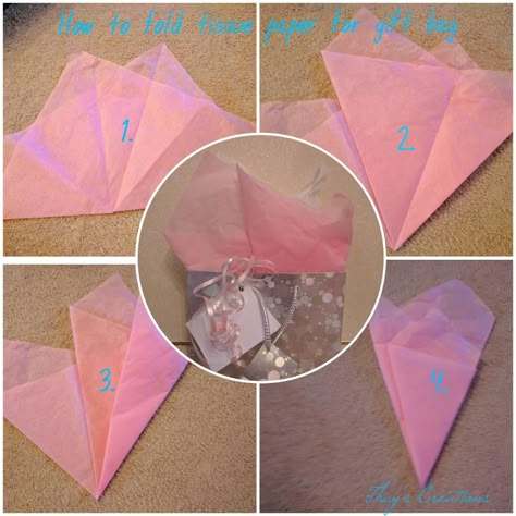 How to fold tissue paper for gift bag Gift Wrap With Tissue Paper, How To Use Tissue Paper In Gift Boxes, Gift Bag Tissue Paper How To, Fold Tissue Paper For Gift Bags, How To Add Tissue Paper To A Gift Bag, How To Put Tissue Paper In A Gift Basket, Tissue Paper Folding Ideas, Folding Tissue Paper For Gift Bags, Tissue Paper In Gift Bag