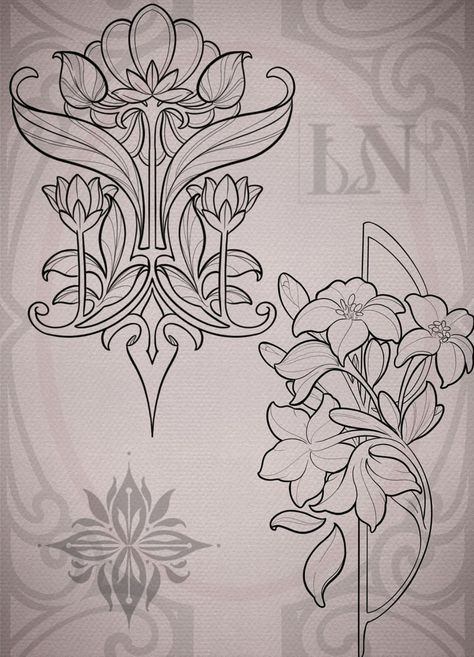 Art Nouveau Design Pattern Flowers, German Mythology Tattoo, Noveau Art Tattoos, How To Draw Art Nouveau Tutorials, Art Noveau Flores, Art Nouveau Tattoo Flower, Art Nouveau Flowers Illustration, Fine Line Floral Tattoo, Art Nouveau Tattoo Design