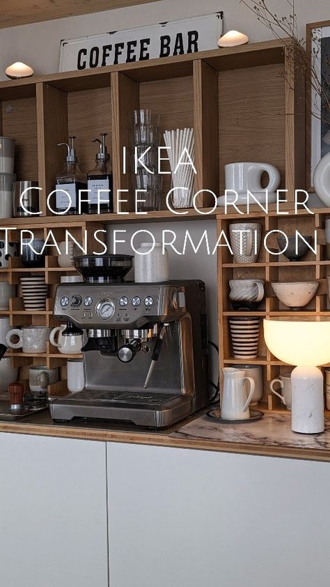 E. Stübing | ~IKEA BESTA Corner Transformation ~ I made this IKEA besta corner years ago and always wanted the coffee bar ☕ directly at the dining… | Instagram Ikea Coffee Corner, Ikea Coffee Bar, Cup Shelves, Ikea Must Haves, Coin Café, Ikea Besta, Big Table, Upcycling Ideas, Kitchen Corner