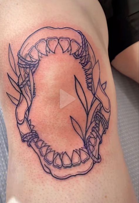 Knee Tattoo Pair, Jaw Tattoo On Knee, Shark Tooth Knee Tattoo, Knee Tattoo Patchwork, Shark Jaw On Elbow, Shark Jaws Tattoo Elbow, Aquatic Knee Tattoo, Shark Elbow Tattoo, Ocean Elbow Tattoo