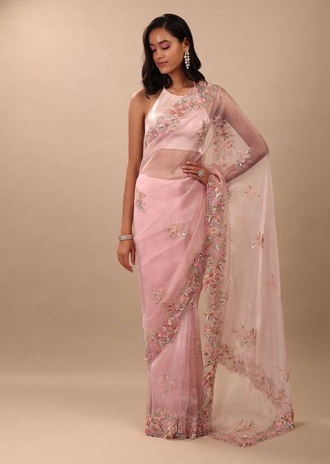 Floral Indian Outfit, Blush Pink Saree, Sarees For Girls, Sequin Saree, Latest Indian Saree, Kalki Fashion, Floral Saree, Latest Saree, Party Sarees