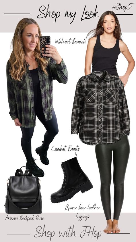 Walmart button up plaid top, Spanx leggings, faux leather leggings, combat boots, fall style, fall fashion, fall look Combat Boot Outfits Plus Size, Leggings And Combat Boots Outfit, Plus Size Combat Boots Outfit, Styling Combat Boots Outfit Ideas, Combat Boots And Dresses, Dress And Combat Boots Outfit, Boot Leggings Outfit, Combat Boots Outfit Fall, Leather Leggings Outfit Night