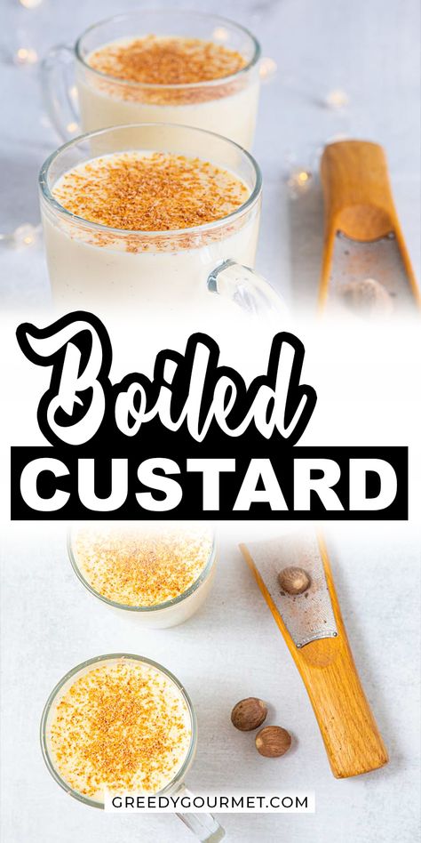 A wonderful winter drink from the South which is perfect for holiday season. This Boiled Custard recipe has simple ingredients put together to make a magical taste. You only need eggs, milk, cream sugar and vanilla. Making this recipe requires patience and timing. Try this drink with your family! #boiledcustard #boiled #custard #southerndrink #winterdrink #dessertdrink #deliciousdessertdrink #beverage #drinks Boiled Custard Drink, Boiled Custard Recipe, Custard Drink, Boiled Custard, Custard Ice Cream, Custard Recipe, Drinks Ideas, Winter Drink, Homemade Vanilla Ice Cream