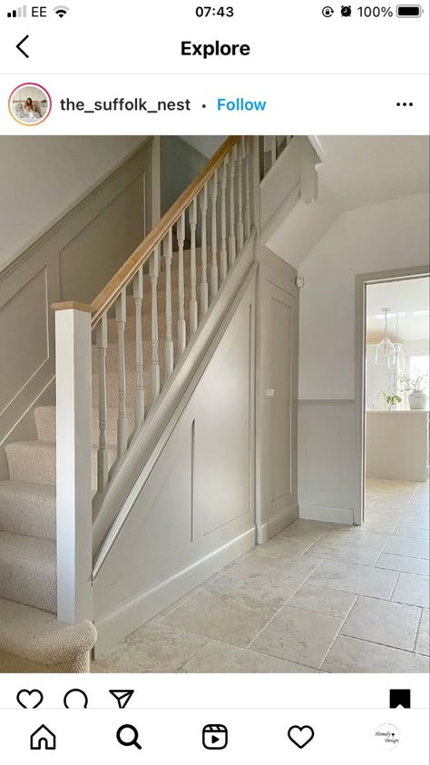 Slaked Lime Deep, Staircase Paneling, Stairs And Hallway Ideas, Hallway Panelling, Slaked Lime, Reno House, Panelling Ideas, Bungalow Conversion, Stair Paneling