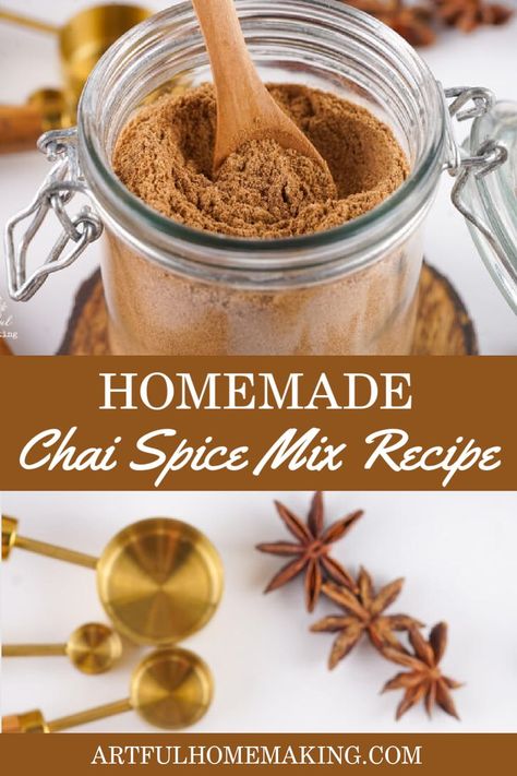 chai spice mix in a glass jar with a wooden spoon with text overlay homemade chai spice mix recipe Powdered Chai Tea Recipe, Chai Spice Blend Recipe, Chai Mix Recipe, Chai Coffee Recipe, Chia Tea Recipe, Chai Spice Mix Recipe, Chia Tea Latte Recipe, Homemade Chai Recipe, Chai Concentrate Recipe