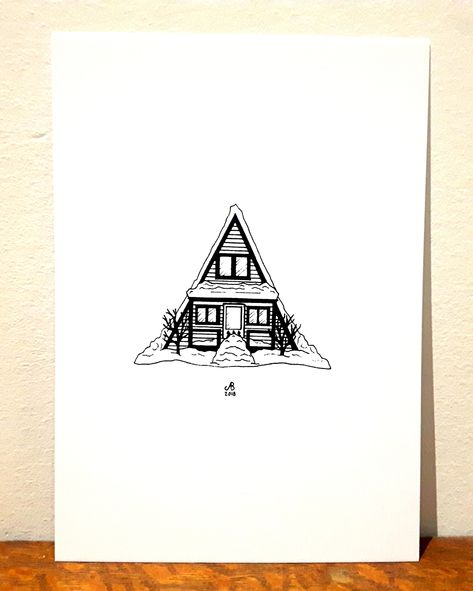 Print - Snowy Winter Aframe Cabin - Pen and ink illustration by SnowlineArt on Etsy #aframe #aframecabin #architecture #mountainart #cabin #cabinlife #etsy #penandink #illustration #drawing #minimalist #minimalistdecor #homedecor #mothersday  #prints #homesweethome #christmasgifts Cute Cabin Drawing, Cabin Line Art, Cabin Sketch Simple, Cabin Illustration Drawings, Mountain Cabin Drawing, Minimalist Cabin, Drawing Minimalist, Old Cabin, Mountain Architecture