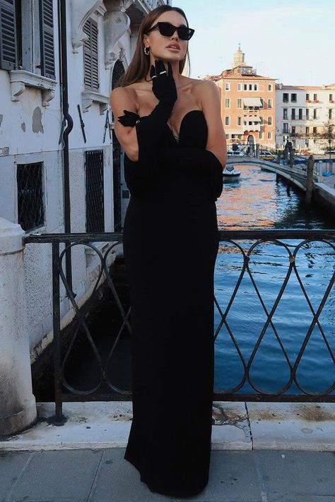 Deep V Maxi Jersey Dress#musthave #wardrobeessentials #eveninggown #ootd Gown Outfit, Evening Maxi Dress, Draped Sleeves, Little Black Dresses, Opera Gloves, Black Strapless Dress, Drape Sleeves, Strapless Maxi, Cardigan Sweater Dress