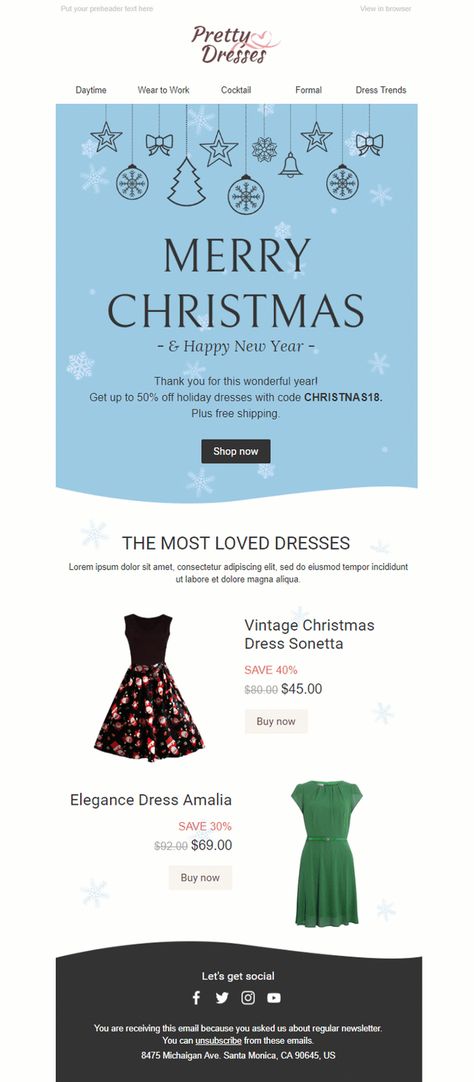 Merry Christmas Email Template Snowfall for Fashion industry Christmas Email Template, Christmas Email Marketing, Christmas Email Design, Christmas Sale Email, Christmas Alternative, Christmas Email, December Ideas, Christmas Newsletter, Free Email Templates