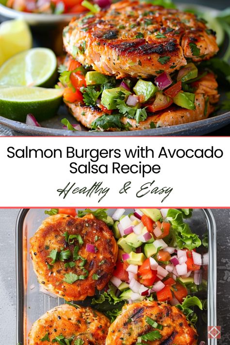 The perfect blend of flavor and nutrition with our Salmon Burgers topped with zesty Avocado Salsa. This healthy alternative to traditional burgers is perfect for any meal, providing a delicious mix of Omega-3s and fresh ingredients. Ideal for health-conscious foodies and anyone looking to add more seafood to their diet. Try this Salmon Burger recipe today and enjoy a guilt-free indulgence! 🌟🍔🥑 Burger Patty Meal Ideas, Salmon Burger Meal Ideas, Salmon Avocado Salsa, Canned Salmon Burger Recipe, Salmon Burgers With Canned Salmon, Spicy Salmon Burgers, Grilled Salmon Burgers With Avocado Salsa, Mediterranean Salmon Burgers, Healthy Salsa Recipe