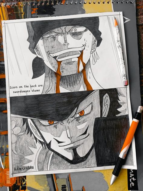 Mihawk One Piece Sketch, Zoro And Mihawk Art, Anime Sketch One Piece, Zoro Sketch Art, Zoro One Piece Drawing, Mihawk X Zoro, Zoro Mihawk, Zoro Sketch, Sketch Training