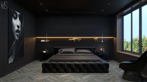 Black Mood Apartment on Behance Matte Black Bedroom, Black Luxury Bedroom, Luxury Bedroom Design Ideas, Black Room Design, Aesthetics Bedroom, Black Bedrooms, Apartment Behance, Futuristic Bedroom, Bedroom Ideas Luxury