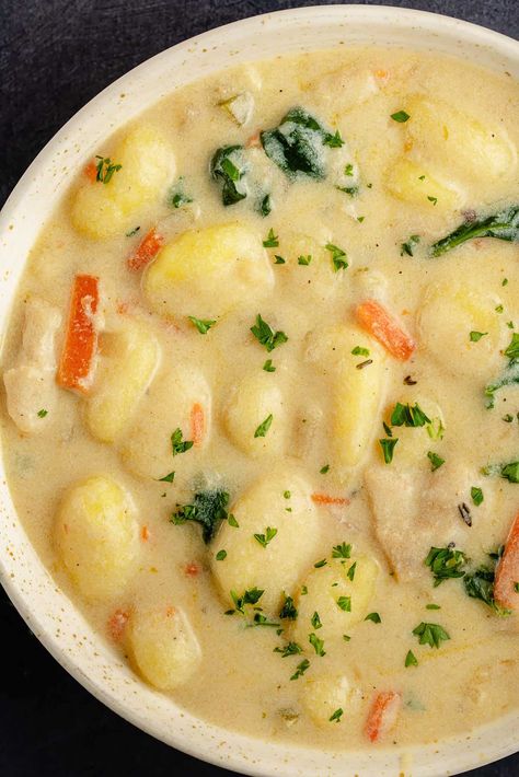 This Vegan Chicken Gnocchi Soup is just like Olive Garden's creamy gnocchi soup, without the meat and dairy! It's a hearty soup made with a creamy broth, soft pillowy gnocchi, tender spinach, and your favorite vegan chicken. Ready in 40 minutes! Gluten Free Dairy Free Chicken Gnocchi Soup, Creamy Vegan Gnocchi, Vegan Olive Garden Gnocchi Soup, Vegetarian Chicken Soup, Dairy Free Chicken Gnocchi Soup, Dairy Free Gnocchi Soup, Gnocchi Recipes Vegan, Soup Recipes Dairy Free, Vegan Chicken And Dumplings