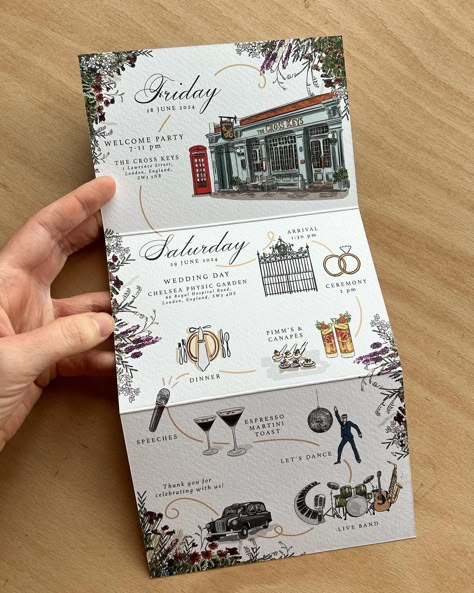 Event timelines ✨ This z fold invite has a full length timeline on the reverse outlining the weekend celebrations. Such a fun way to keep guests informed. 💛 The beautiful @chelsea_physic_garden was the basis for the wildflower theme, framing the event details nicely.🪻🍃🌾 • #eventtimeline #weddingtimeline #itsallinthedetails #illustratedtimeline #weddingweekend #londonwedding #prettypaper #chelsea #weddinginvitations # Wedding Invitation Presentation, Wedding Zine Ideas, Wedding Itinerary Ideas, Museum Invitation, Creative Wedding Invitations Design, Illustration Wedding Invitation, Wildflower Theme, Instagram Event, Wedding Invitations Design