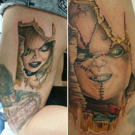 Mine & Nick's horror movie tattoos. Chucky & Bride of Chucky. Tattoo artist Saraloni @clubmesatattoo Tiffany Bride Of Chucky Tattoo, Tiffany Tattoo Chucky, Bride Of Chucky Tattoo, Chucky And Tiffany Tattoo, Chucky Tattoos, Bride Chucky, Chucky Bride Of Chucky, Tiffany Tattoo, Bride Of Chucky Makeup