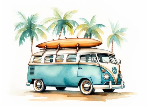 Chic Artwork, Surf Van, Bus Art, Vw Art, Combi Vw, Vintage Inspired Decor, Beach Shack, Vw Bus