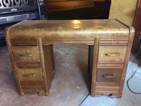 I've been refinishing vintage furniture for many years. And fixing what I call, "horrendous waterfall desks/vanities" is not new for me. I've done a few of thes… Waterfall Desk, Refinished Vintage Furniture, Waterfall Furniture, Handmade Desks, Sanding Blocks, Desk Makeover, Furniture Logo, Cedar Chest, Furniture Flips