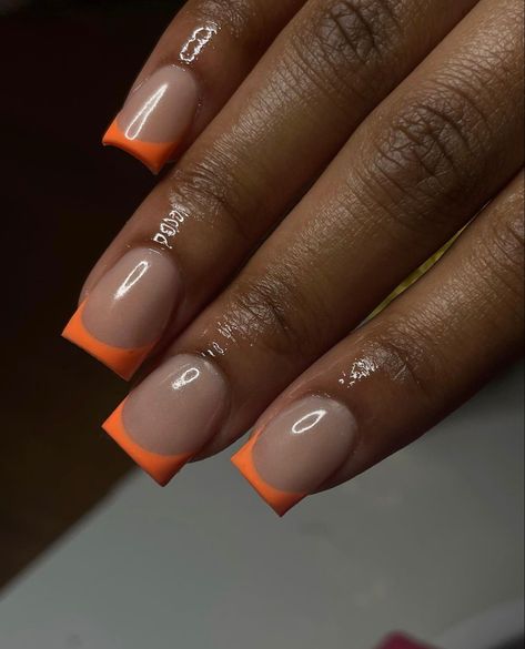 Short Square Orange French Tips, Long Extendo Nails, Short Orange French Tip, Orange Tips Acrylic Nails, Short Orange French Tip Nails, Acrylic Nails Medium Square, Orange French Tip Nails Acrylics, Orange Nails French Tip, Short Orange Acrylic Nails