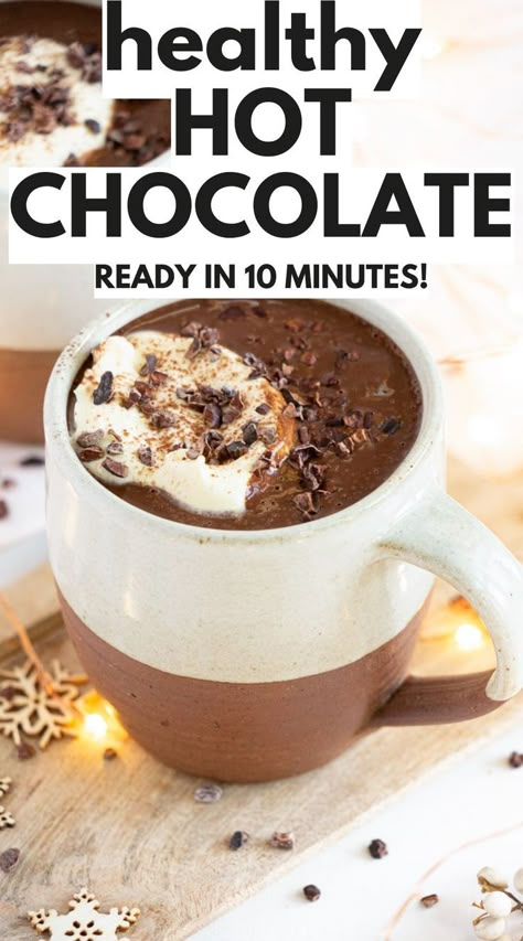 healthy hot chocolate Clean Hot Chocolate Recipe, Healthy Hot Chocolate Mix Recipe Dry, Healthy Hot Cocoa Recipe, Hot Chocolate Mix Recipes Dry, Almond Milk Hot Chocolate, Healthy Hot Cocoa, Hot Chocolate Vegan, Cacao Hot Chocolate, Healthy Hot Chocolate Recipe