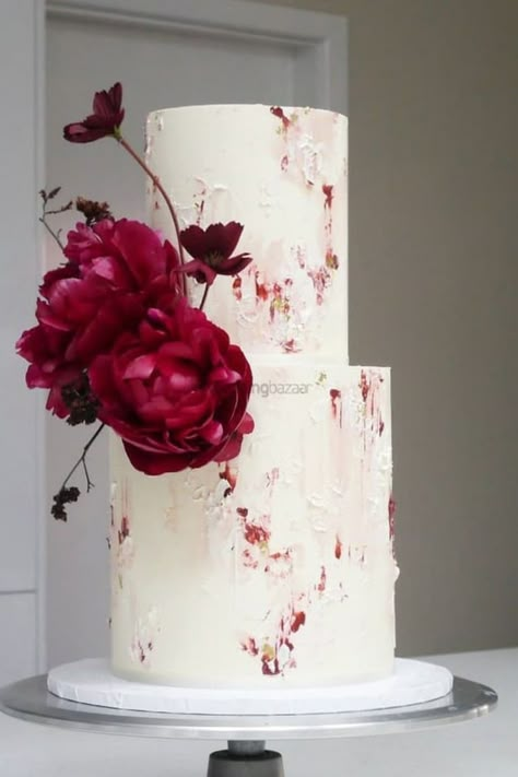 Red Rose Wedding Cake, Cakes With Flowers, Hand Painted Wedding Cake, Gold Leaf Cakes, Burgundy Wedding Cake, Unique Wedding Cake, Painted Wedding Cake, Wedding Cake Toppers Unique, Wedding Cake Alternatives