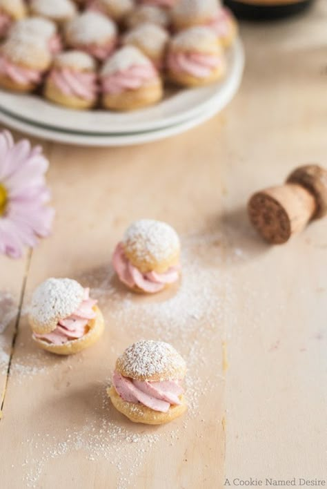 Mini Profiteroles with Strawberry Cream | A Cookie Named Desire Raspberry Cream Puff, Small Pastries, High Tea Ideas, Resepi Biskut, Mini Dessert Recipes, Cream Puff Recipe, Pastel Cupcakes, Puff Recipe, Slow Cooker Desserts