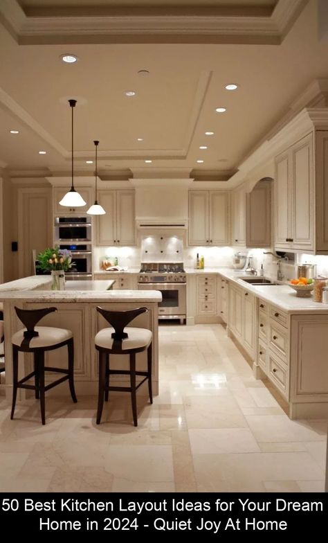 Look no further than these 50 kitchen layout ideas that are both efficient and functional. #remodel #kitchen Kitchen Middle Of House Layout, U Shaped Kitchen With Island, Long Kitchen Layout, Double Island Kitchen Layout, Large Kitchen Layout, Square Kitchen Layout, Large Kitchen Ideas, Kitchen Island Design Ideas, Kitchen Layout Ideas With Island