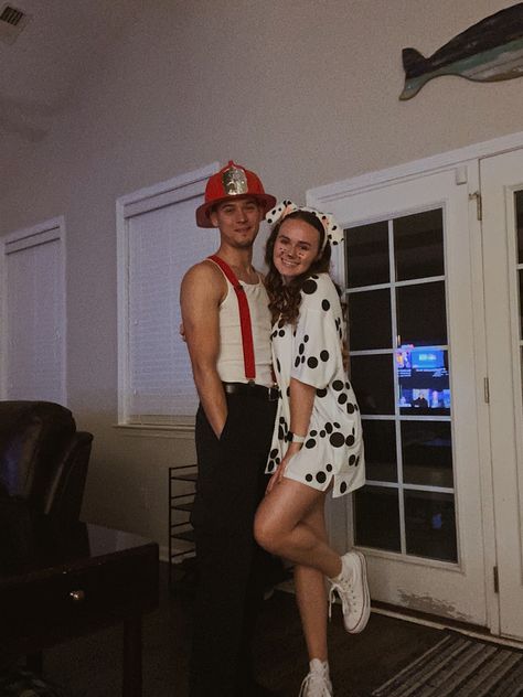 Fireman And Dog Halloween Costume, Cat And Mouse Couple Costume, Double Couples Costumes, Dalmatian And Fire Fighter Couples Costume, Firefighter Dog Costume, Fireman Dalmation Costume Couple, Couple Animal Costume, Couples Boxer Costume, Midevil Couple Costumes