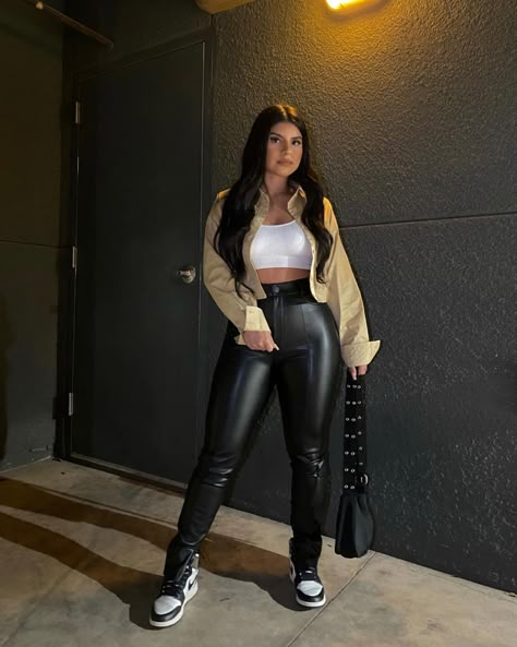 Leather Pants With Jordan Ones, Leather Pants And Jordans Outfit, Leather Pants With Sneakers Outfits, Leather Pants With Nike Dunks, Leather Pants With Jordans, Sneaker Night Out Outfit, Fall Outfit Leather Pants, Faux Leather Pants With Sneakers, Leather Pants Outfit With Sneakers