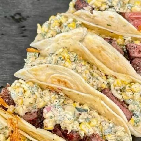 James Brown on Instagram: "Grilled Steak Elote Tacos 🌮 Made with @danosseasoning brand new Preem-O Steak Seasoning 🥩 . #rasiethesteaks #danospartner #tacos #steak" Elite Steak Tacos, Grilled Steak And Mexican Street Corn Tacos, Elote Tacos Recipe, Grilled Steak Elite Tacos, Steak And Elote Tacos, Steak Tacos With Corn Salsa, Steak Street Corn Tacos, Grilled Steak And Elote Tacos, Street Corn Steak Tacos