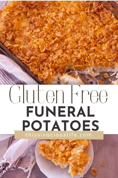 This family favorite side dish of gluten free funeral potatoes or cheesy potato casserole is one we have been enjoying for generations. Our Utah heritage comes with a long line of casserole making. Gluten Free Dairy Free Potato Casserole, Gluten Free Breakfast Potatoes, Gluten Free Hashbrown Casserole Recipes, Gluten Free Cheesy Potato Casserole, Gluten Free Dairy Free Hashbrown Casserole, Gluten Free Cheese Potatoes, Gluten Free Dinner Side Dishes, Gluten Free Cheesy Potatoes Crockpot, Gluten Free Board Ideas