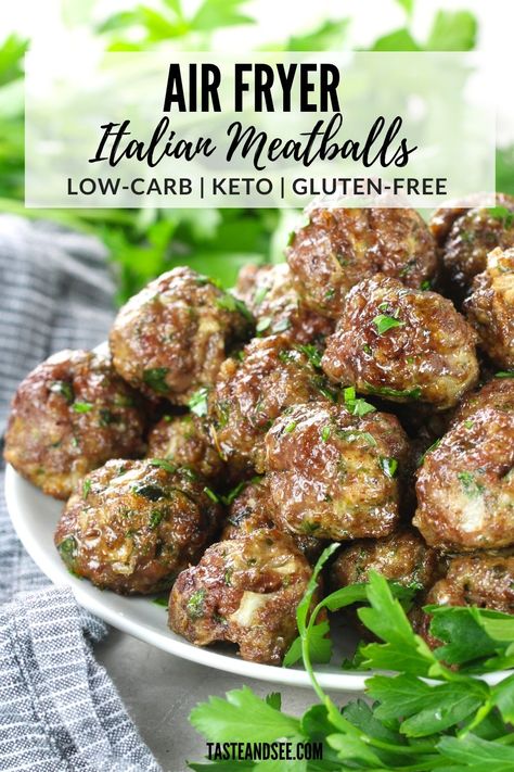 Air Fryer Italian Meatballs are so tender and juicy on the inside, and golden brown on the outside! Loaded with flavor and ready in 10 minutes! #TasteAndSee Meatballs In The Air Fryer, Sausage Meatballs Recipes, Healthy Meatballs, Low Carb Meatballs, Healthy Italian, Air Fryer Oven Recipes, Meatball Recipe, Weeknight Dinner Recipes Easy, Italian Meatballs