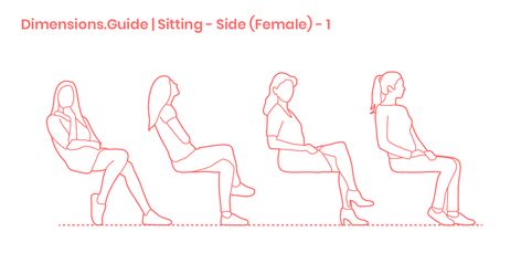 Sitting - Female (Side) - 1 Dimensions & Drawings | Dimensions.Guide Sitting From The Side, Sitting Side Profile Reference, Side Profile Drawing Body Sitting, Someone Sitting Side View, Anime Sitting Side View, Sitting Down Drawing, Person Sitting Side View Drawing, Sitting Pose Side View, Sitting Side Profile