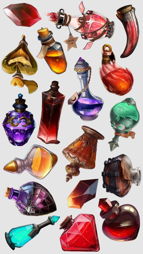 potion cutouts / printable sheet for collage! #collageart #ephemera #cutouts #potions Magic Props, Magic Bottles, New Fantasy, Magic Aesthetic, Digital Painting Tutorials, Fantasy Armor, Prop Design, Sky Art, Fantasy World