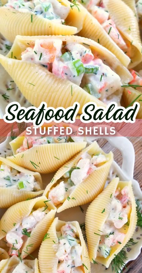 Jumbo pasta shells filled with an easy homemade recipe for seafood salad make individual pasta salad servings perfect for entertaining and lunch on the go! Holiday Pasta Salad, Seafood Pasta Salad Crab And Shrimp, Shrimp Pasta Salad Recipes, Cold Shrimp Pasta Salad, Shrimp Macaroni Salad, Shell Recipes, Seafood Pasta Salad, Seafood Salad Recipe, Seafood Stuffed Shells