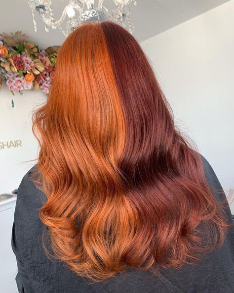 Split Dyed Copper Hair, Maroon And Ginger Hair, Red And Copper Split Hair, Pink Hair With Peekaboos, Brown And Ginger Split Dye, Half Brown Half Copper Hair Split, Ginger And Brown Hair Split, Split Copper Hair, Half Orange Half Red Hair