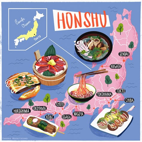 SANDRA NEUDITSCHKO | Freelance Illustrator & Map Maker - Maps Food Map Illustration, Map Illustration Design Graphics, Honshu Japan, Map Illustrations, Japanese Food Illustration, Train Map, Food Map, Illustration Travel, Restaurant Poster