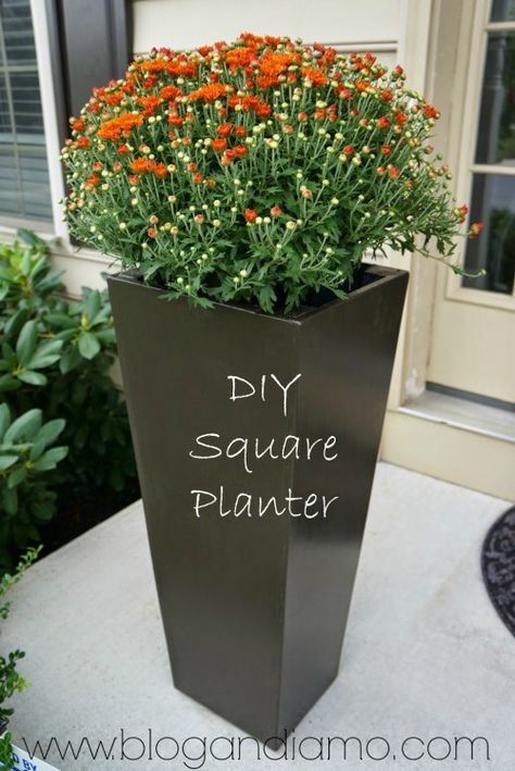 diy square planter Tall Planter Boxes, Diy Planters Outdoor, Taman Diy, Large Outdoor Planters, House Ranch, Diy Planter Box, Tall Flowers, Tall Planters, Square Planters