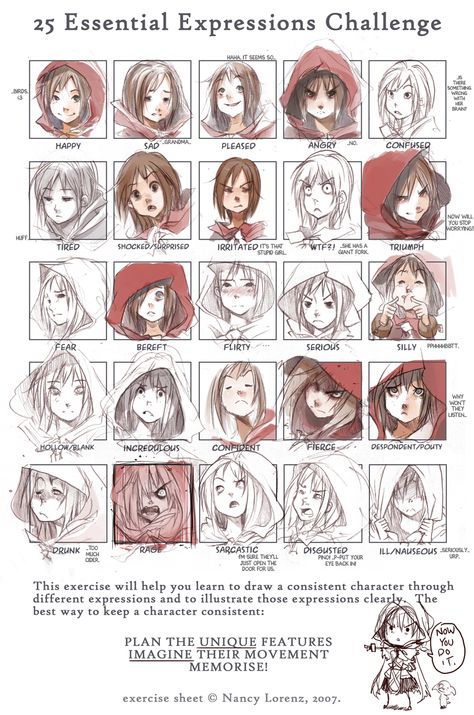 Expressions 25 Essential Expressions Challenge, Essential Expressions Challenge, 25 Essential Expressions, Expressions Challenge, Expression Challenge, Drawing Expressions, Arte Inspo, Drawing Lessons, Character Design References