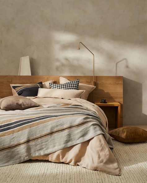 Weave Home NZ (@weavehomenz) • Instagram photos and videos Bedding Trends, Houndstooth Pillows, Hudson Furniture, Stripe Bedding, Black Bedside Table, Oak Bedside Tables, Small Bedside Table, White Bedside Table, Bed Dimensions