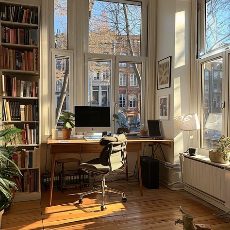 Sunny Home Office: A cozy home office setup shines with natural light in a serene room full of books by a large window. #office #sunny #window #books #plants #aiart #aiphoto #stockcake ⬇️ Download and 📝 Prompt 👉 https://stockcake.com/i/sunny-home-office_824188_211621 Office With A Window, Cozy Office Home, Desk By A Window, Cozy Desk Corner, Home Office Window Desk, Window Desk Setup, Desk Next To Window, Desk At Window, Desk Near Window