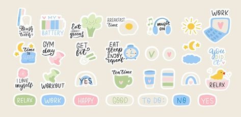 Vector daily routine stickers set cute c... | Premium Vector #Freepik #vector #task-management #time-management #work-time #cute-hand-drawn Vision Board Examples, Stickers Set, Lettering Quotes, Daily Routine, Sticker Set, Vector Icons, Cute Stickers, Planner Stickers, Premium Vector