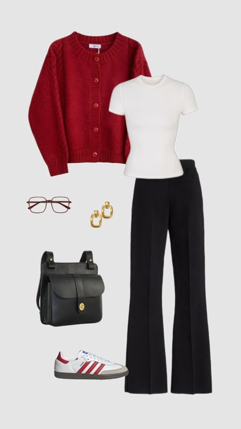 Red And Black Outfits Winter, Black White And Red Outfits Classy, College Outfits Feminine, Work Outfits Women Sweater, Simple Cute Work Outfits, Stylish Casual Work Outfits, Outfits With Trousers Women, Black Dress Slacks Outfit, Work Outfits Women Creative