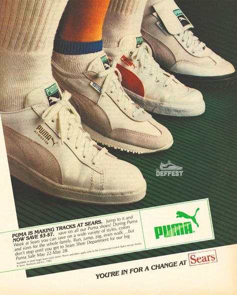 Puma 1983 vintage sneaker ad featuring the Intimidator Soft Rider, Puma Court, and Game Cat @ The Deffest Puma Vintage Shoes, Vintage Puma Sneakers, Puma Ads, Vintage Sneakers Retro, Puma Poster, Sneaker Ads, Puma Ad, 70s Sneakers, 90s Sneakers