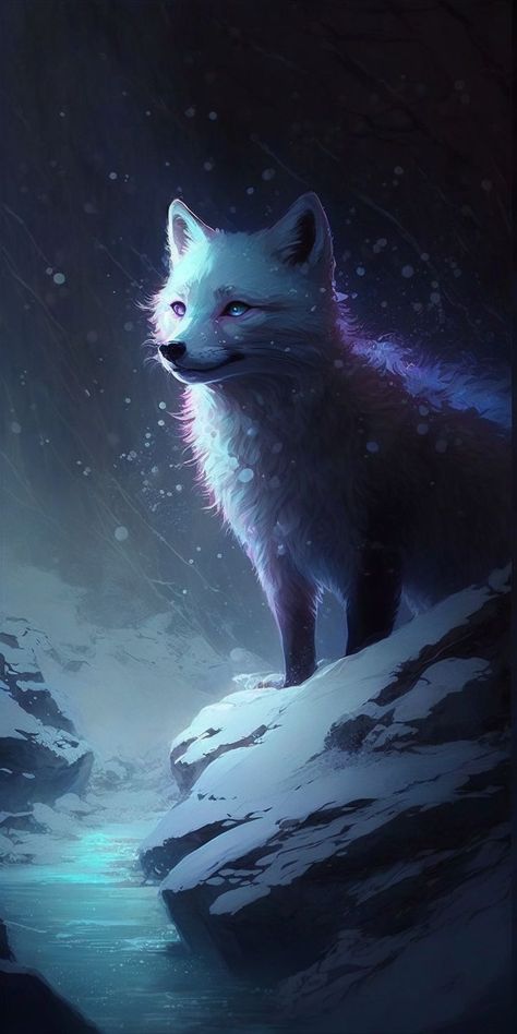 An illustration of an adorable Arctic Fox sat in the tundra snow, with purple and blue ambient lighting. Arctic Fox Painting, Artic Fox Aesthetic, White Fox Art, Fox Digital Art, Arctic Fox Art, Volpe Artica, Mysterious Creatures, Fox Character, Fox Artwork