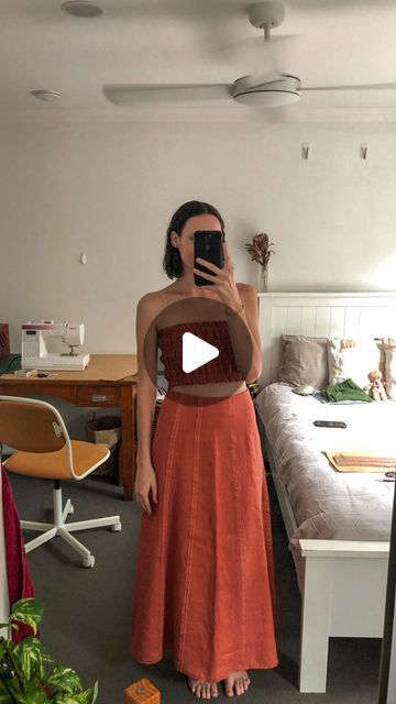 Sewing patterns by Georgia on Instagram: "I’m already calling it. This is my favourite handmade outfit of the year 💃✂️✨🥰  Ali Skirt sewing pattern coming soon #gpaliskirt  Free top tutorial is on my blog #gptutorials 🫶  Fabric is the red clay heavyweight linen from @wearethefabricstore Top stitching thread is no.5 (very light beige) from @spotlightstores Sewing machine is the Janome Sewist 740DC from @janomesewingcentre   #sewingplans #sundaysewing #patternmaking #draftingpatterns" Linen Top Sewing Pattern Free, Linen Skirt Pattern, Linen Top Sewing Pattern, Linen Shirt Outfit, Skirt Sewing Pattern, Sewing Shirts, Skirt Sewing, Skirt Patterns Sewing, Top Sewing Pattern