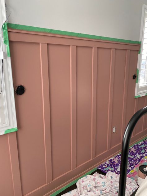 Pink And White Board And Batten, Board And Batten Pink Wall, Pink Wall Panelling Nursery, Retro Pink Nursery, Orange Board And Batten Wall, Dusty Rose Board And Batten, Coral Board And Batten Wall, Pink Board And Batten Bathroom, Pink Batten Board