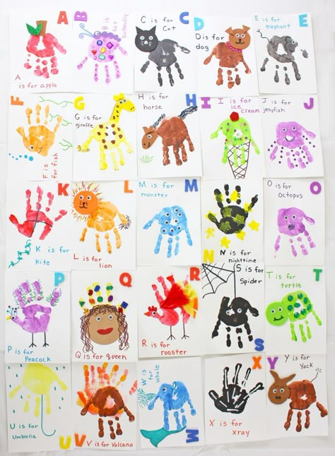 Handprint Alphabet, Abc Crafts, Baby Art Projects, Footprint Crafts, Toddler Arts And Crafts, Alphabet Crafts, Preschool Art Activities, Handprint Craft, Footprint Art